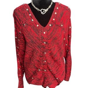 Intrigue studded knit sweater red black marled V neck size S Y2K grunge